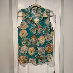 Love Notes Size S Turquoise Floral Sheer Button Down Sleeveless Top